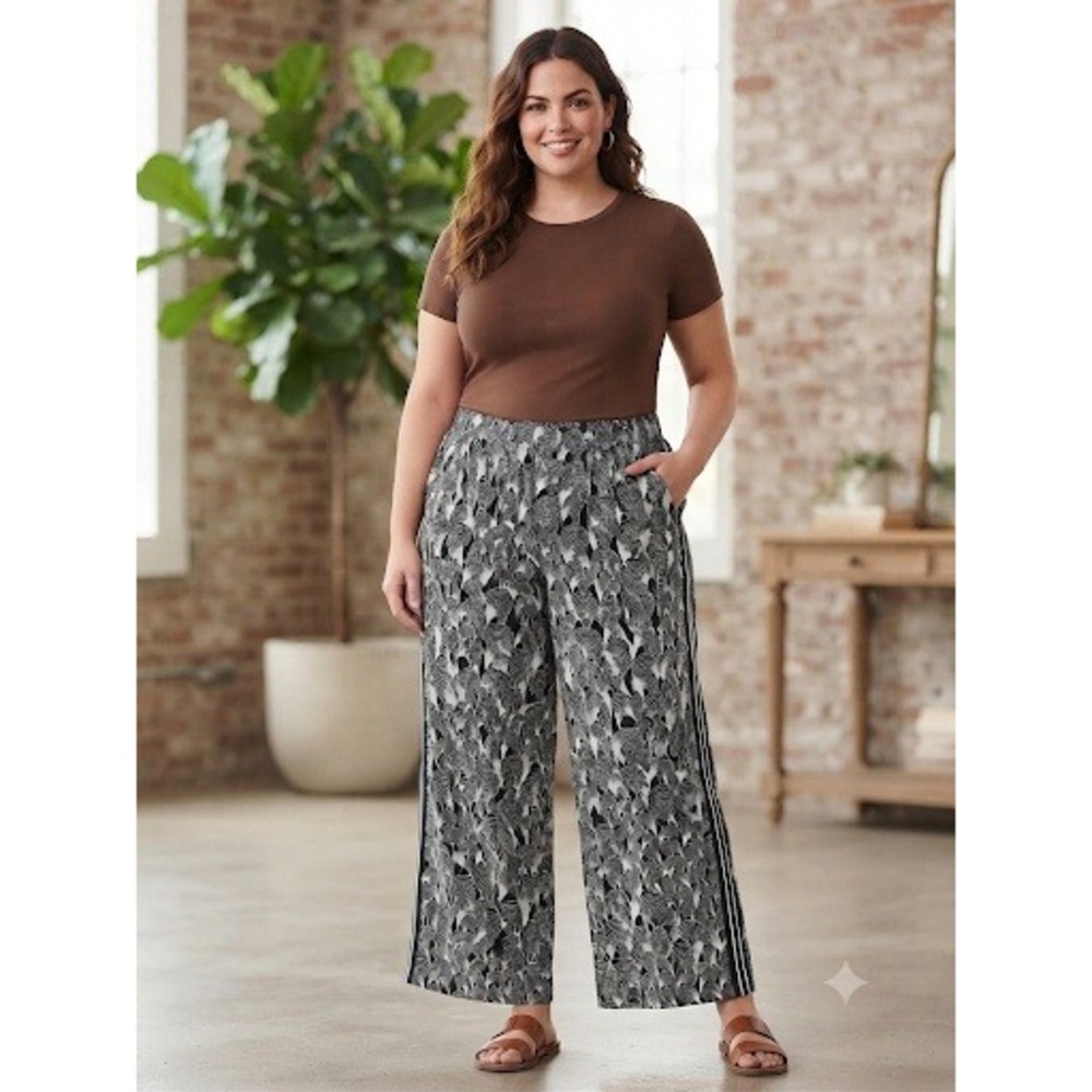 Max Studio 3X Black White Stripe Wide Leg Ankle Pants Geometric Shell Boho